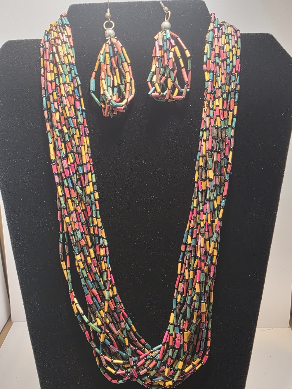 Multistrand Beaded Necklace & Earring Set - Multicolor Statement Jewelry